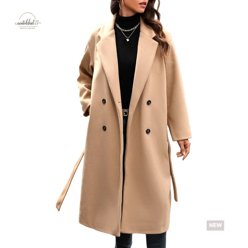 Women's Wool Blend Double Breasted Trench Coat Knee Length Belted Peacoat